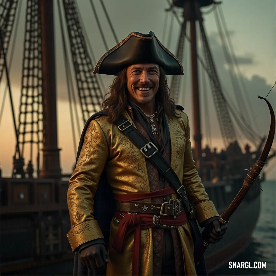 Captain Rourke prepares for the unknown, standing tall with a bow and arrow in hand, his ship anchored and the sea whispering tales of distant lands. Captain Rourke, in full pirate regalia, stands before his ship, holding a bow and arrow. The ship sways gently on the sea, and the horizon is shrouded in mystery, hinting at the adventures that await.