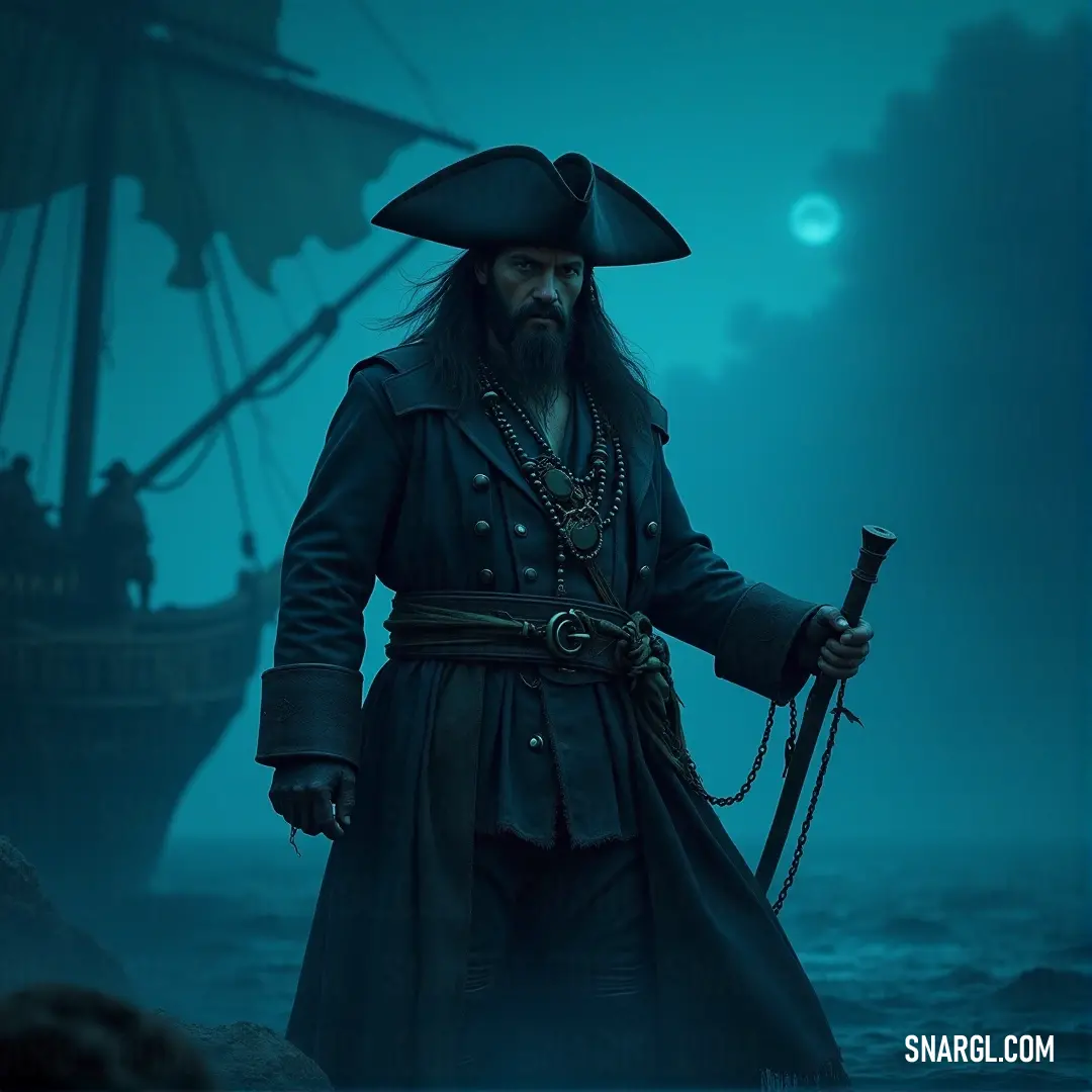 Standing tall on a rocky outcrop, Captain Rourke brandishes his sword, the turbulent sea beneath him reflecting his strength and resolve. Captain Rourke, dressed in a pirate costume, stands boldly on a rock. With a sword in his hand and the sea crashing at his feet, he exudes power and confidence, his stance suggesting he's ready for anything the ocean throws his way.