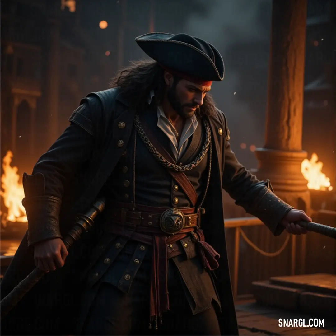 Captain Rowan, dressed in a pirate costume, strikes a powerful pose in a dark room, holding his sword ready for battle. The eerie lighting adds intensity to his bold presence. A pirate captain named Rowan stands confidently in a dark, shadowy room, gripping a gleaming sword in his hand. The flicker of torchlight casts dramatic shadows, highlighting his fierce expression and rugged pirate attire.