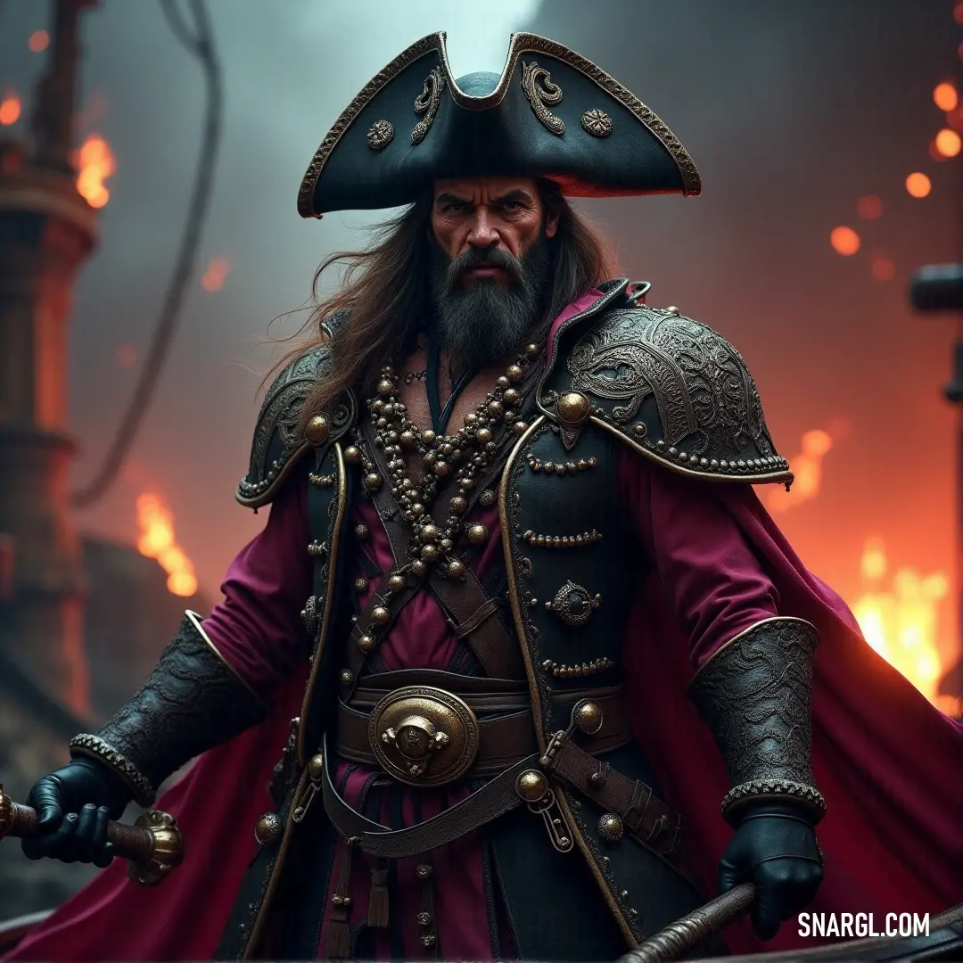 Captain Sam in full pirate attire, sword drawn and helmet on, standing tall and prepared for whatever the seas may bring. Captain Sam, dressed in a pirate costume, stands with a sword at his side, a helmet perched on his head. His stance is confident, ready for action on the vast sea.
