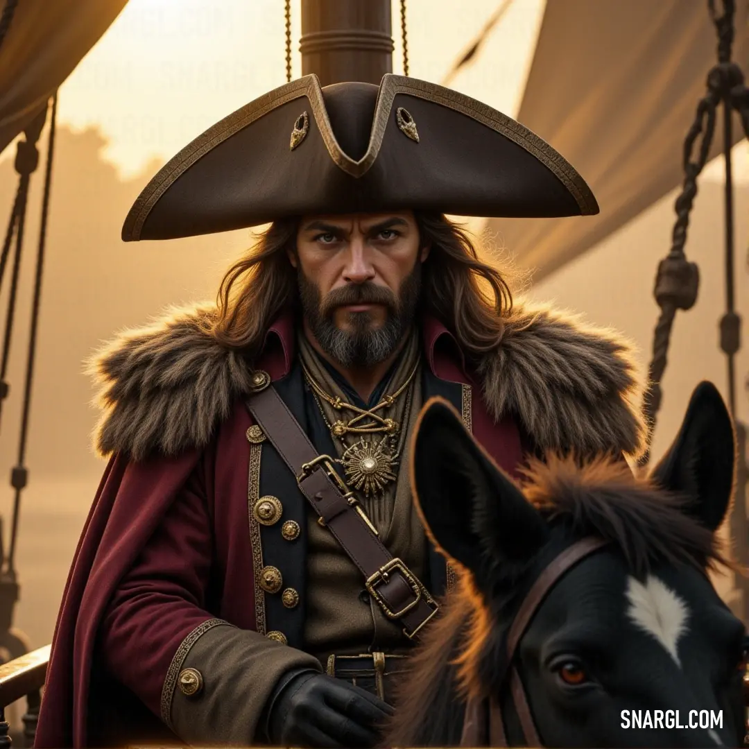 Captain Seth in pirate gear, standing beside a horse also dressed in pirate costume, both ready to set forth on their next grand journey. Captain Seth, wearing his pirate costume, stands confidently next to a horse, both clad in pirate gear. A large hat and thick beard complete his rugged look, ready for any adventure.