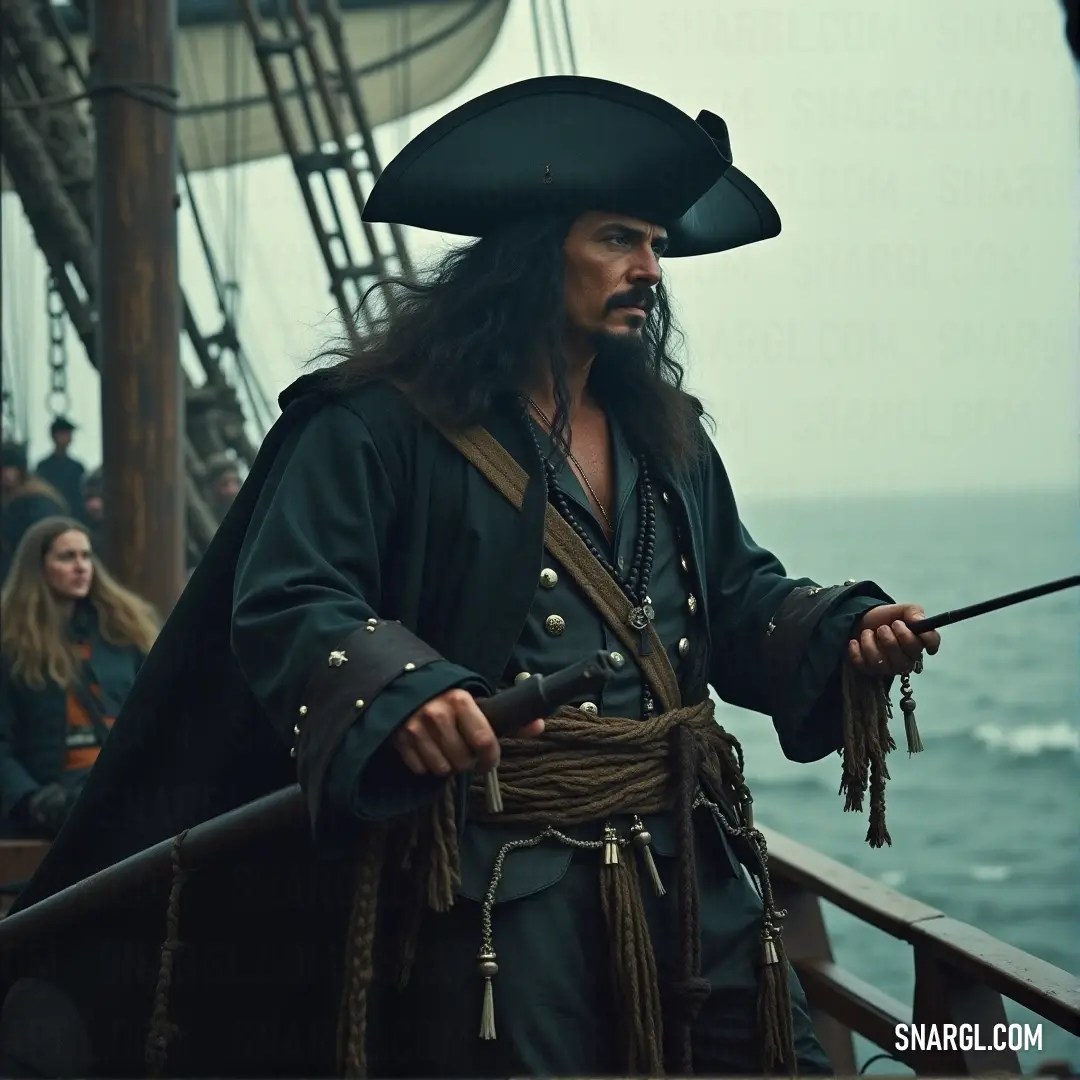 Captain Tempest, clad in pirate attire, stands confidently aboard a boat in the vast ocean, with several other pirates in the background. The waves crash around them as the wind tugs at their sails.