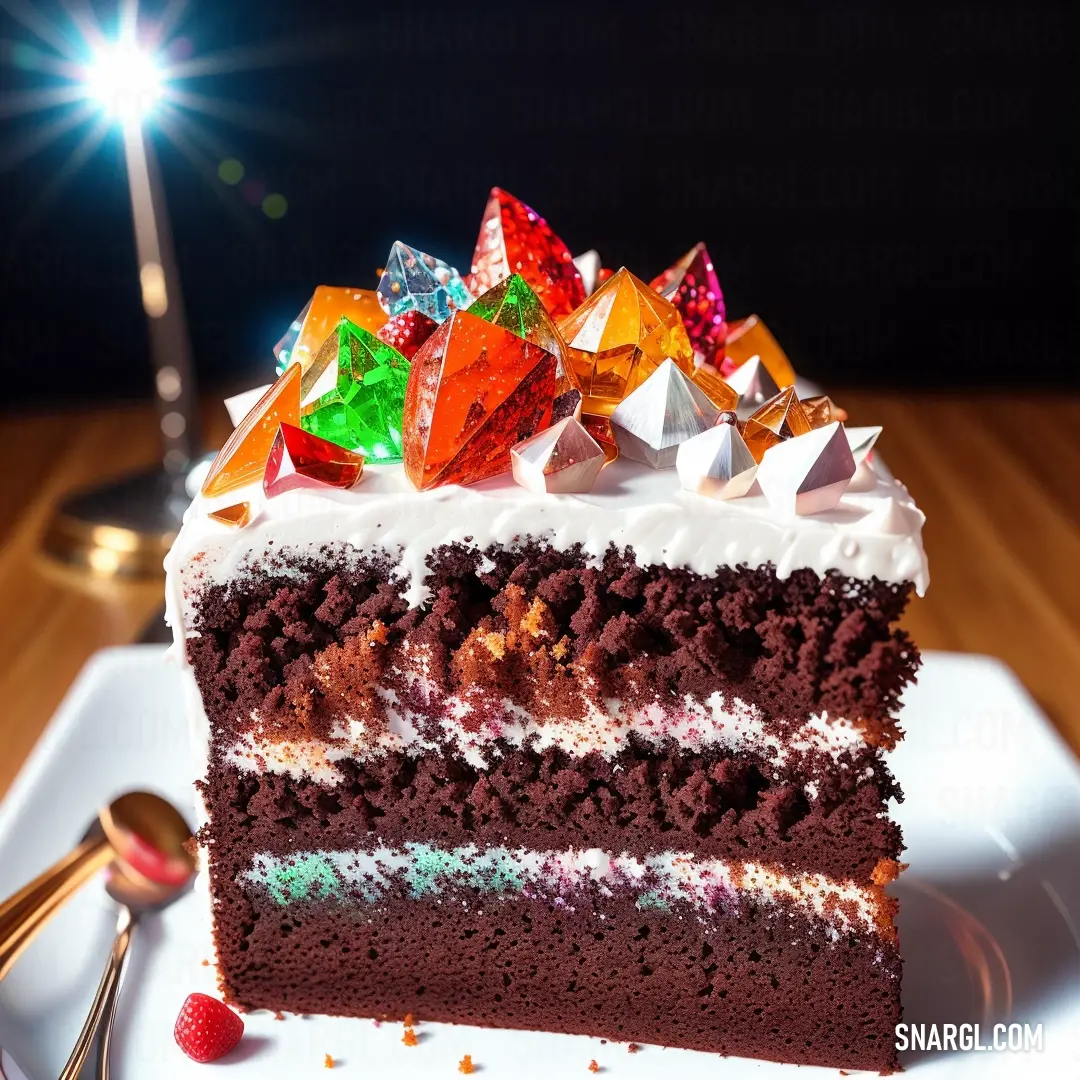 Piece of cake with white frosting and colorful decorations on top of it with a fork and spoon