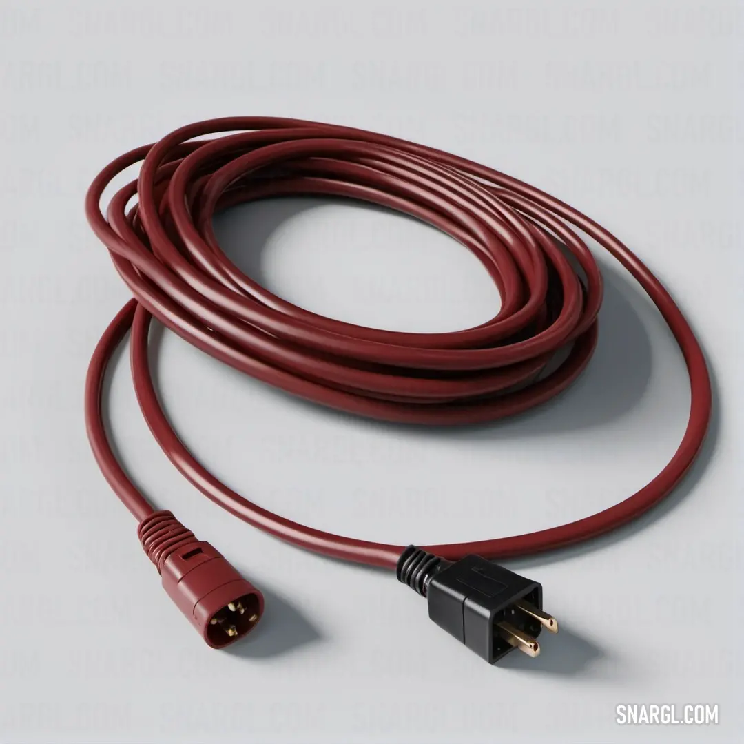 Red cable with a black cord and a black cord on a white background. Color Caput mortuum.