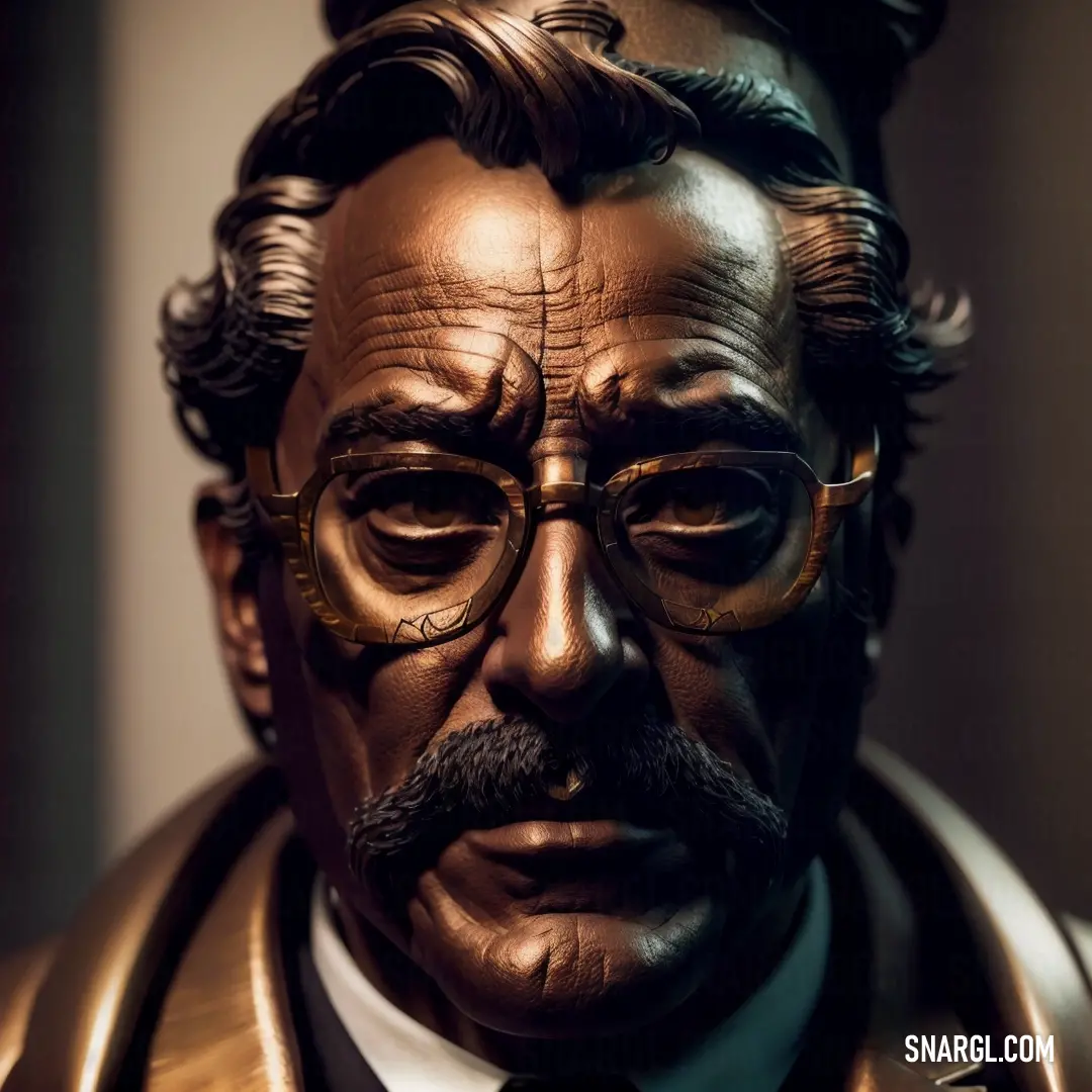 Statue of a man with glasses and a mustache and a suit on his head and a tie on his neck