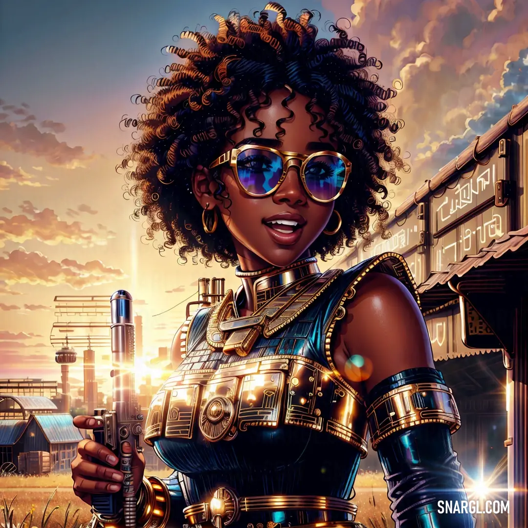 Woman in a futuristic outfit holding a gun in front of a sunset sky with a train station in the background