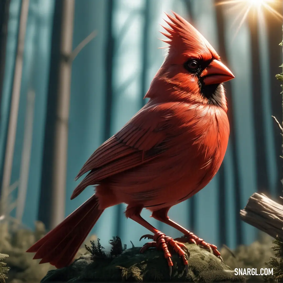 A red cardinal sits perched on a branch in the woods, its bright red feathers illuminated by a soft light. The gentle beam of light highlights the bird's face, creating an intimate moment in the natural world.
