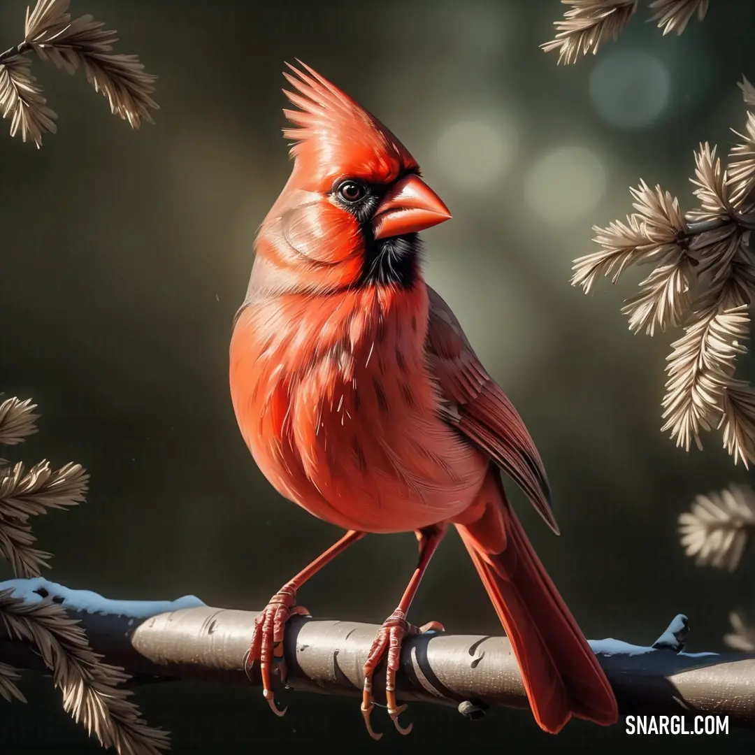 A red cardinal perched on a delicate branch, with pine needles framing the scene and the soft colors of the forest subtly blending in the background. The bird’s striking red feathers stand out against the natural green hues of the pine forest.