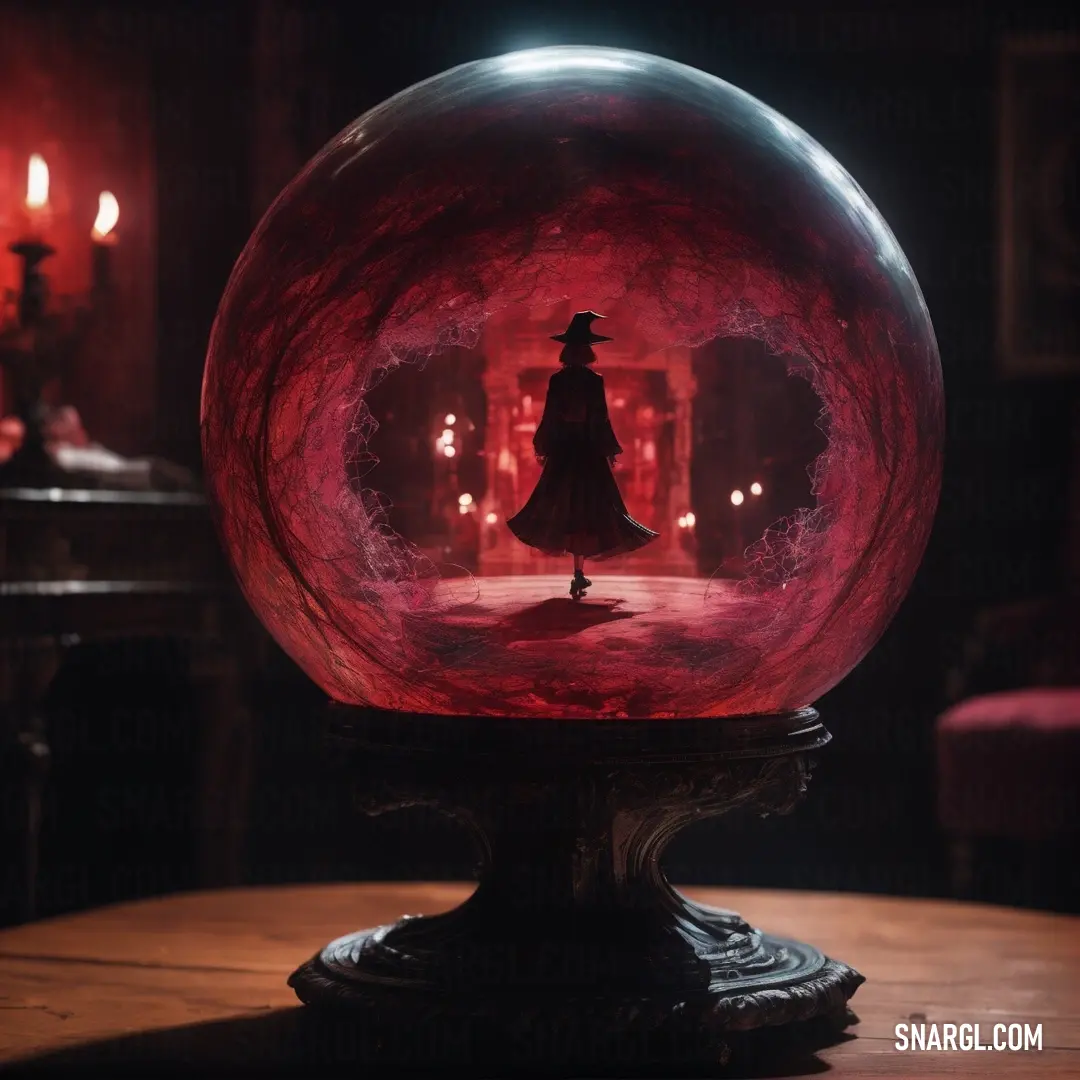 Red ball with a wizard standing inside of it on a table in a dark room with candles. Example of Cardinal color.