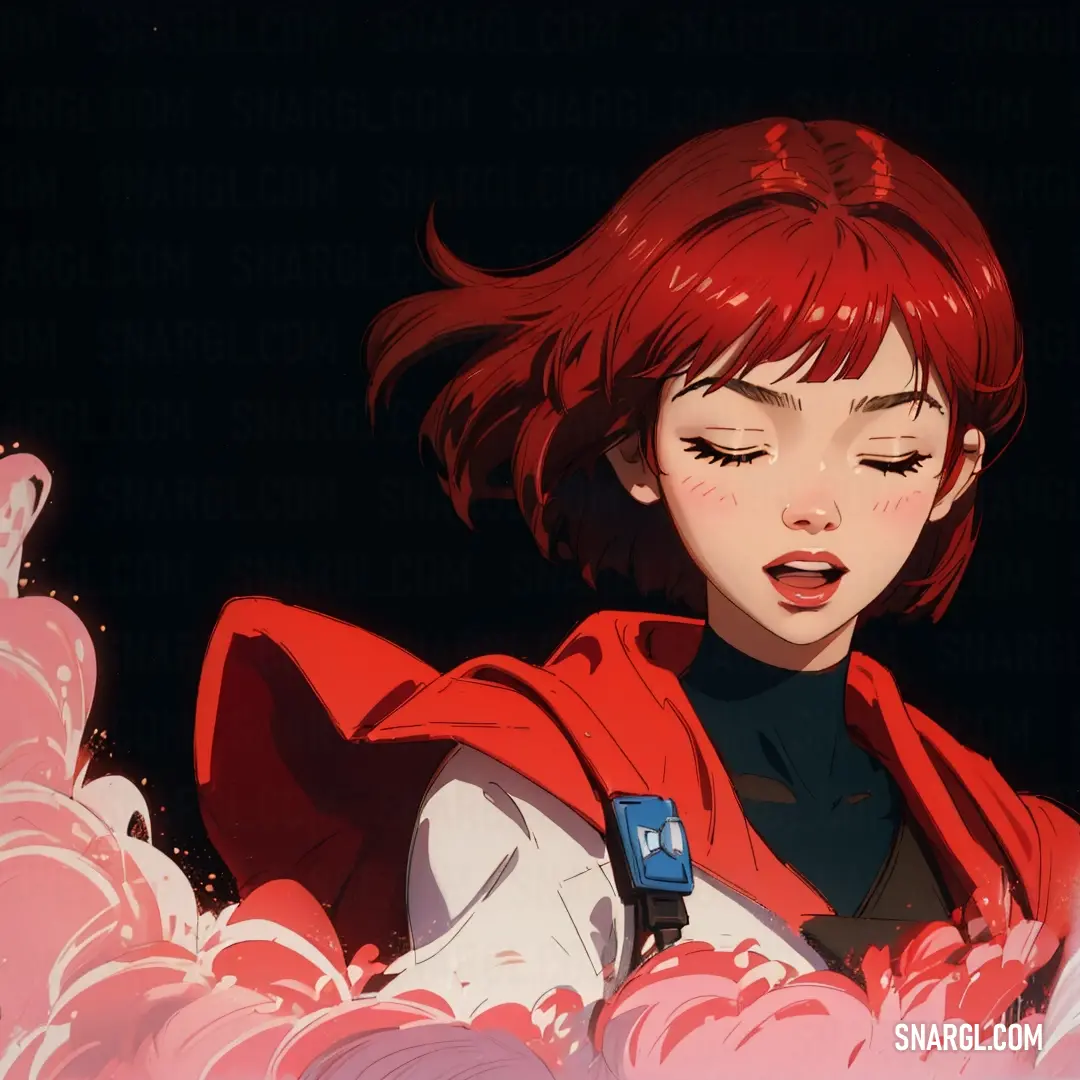 Girl with red hair and a red jacket on looking at something in her hand while she is surrounded by pink foam. Example of Cardinal color.