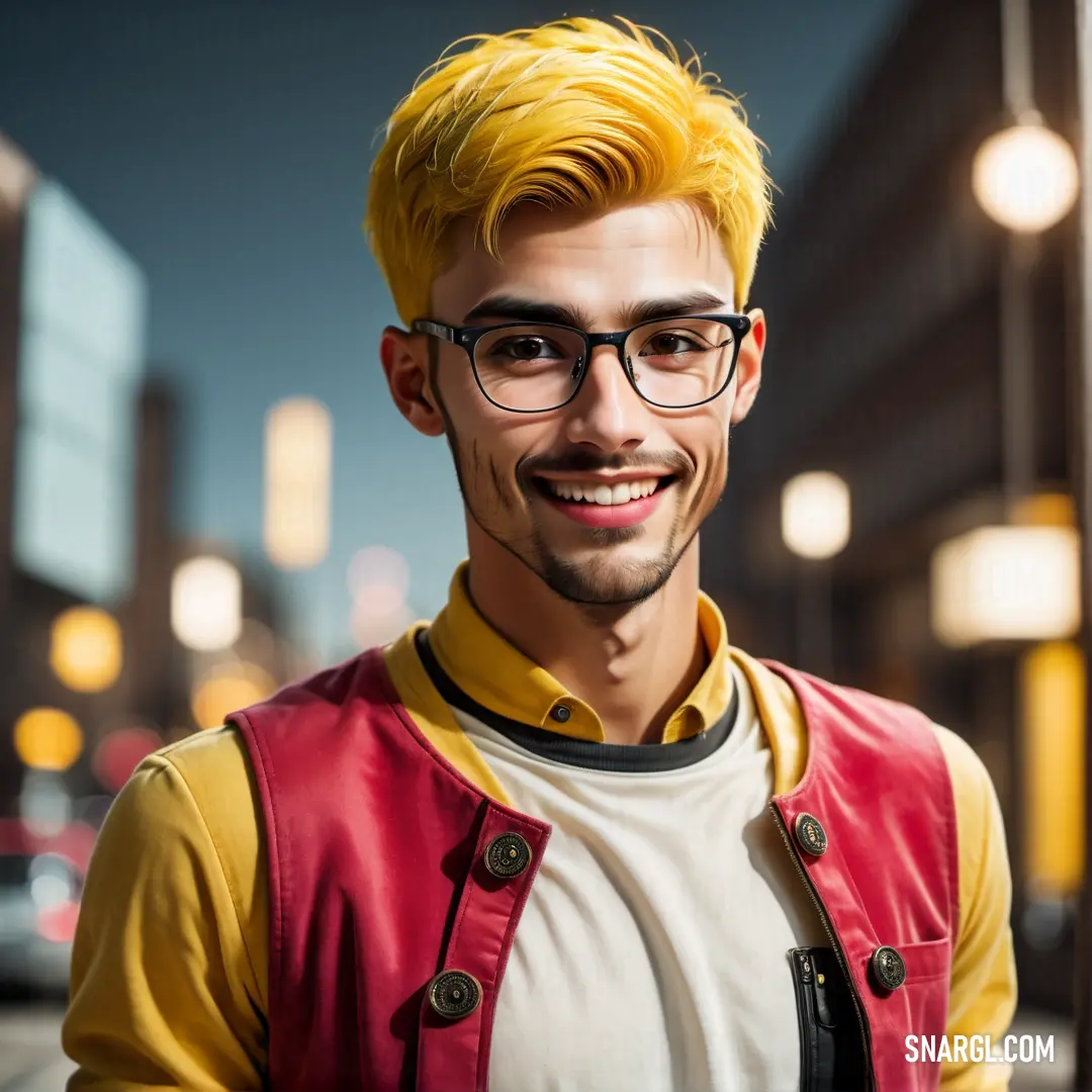 Man with a yellow hair and glasses smiling at the camera with a city background