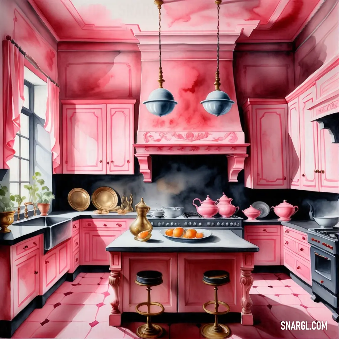 Painting of a kitchen with pink cabinets and a stove top oven and a kettle on the stovetop. Example of RGB 196,30,58 color.