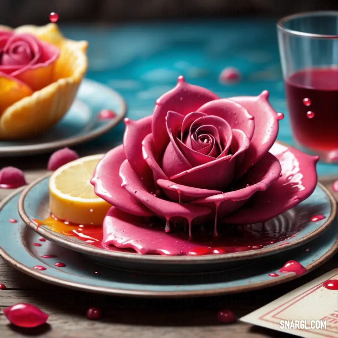 Pink rose on top of a plate next to a cup of tea and a lemon slice on a table. Example of CMYK 0,85,70,23 color.