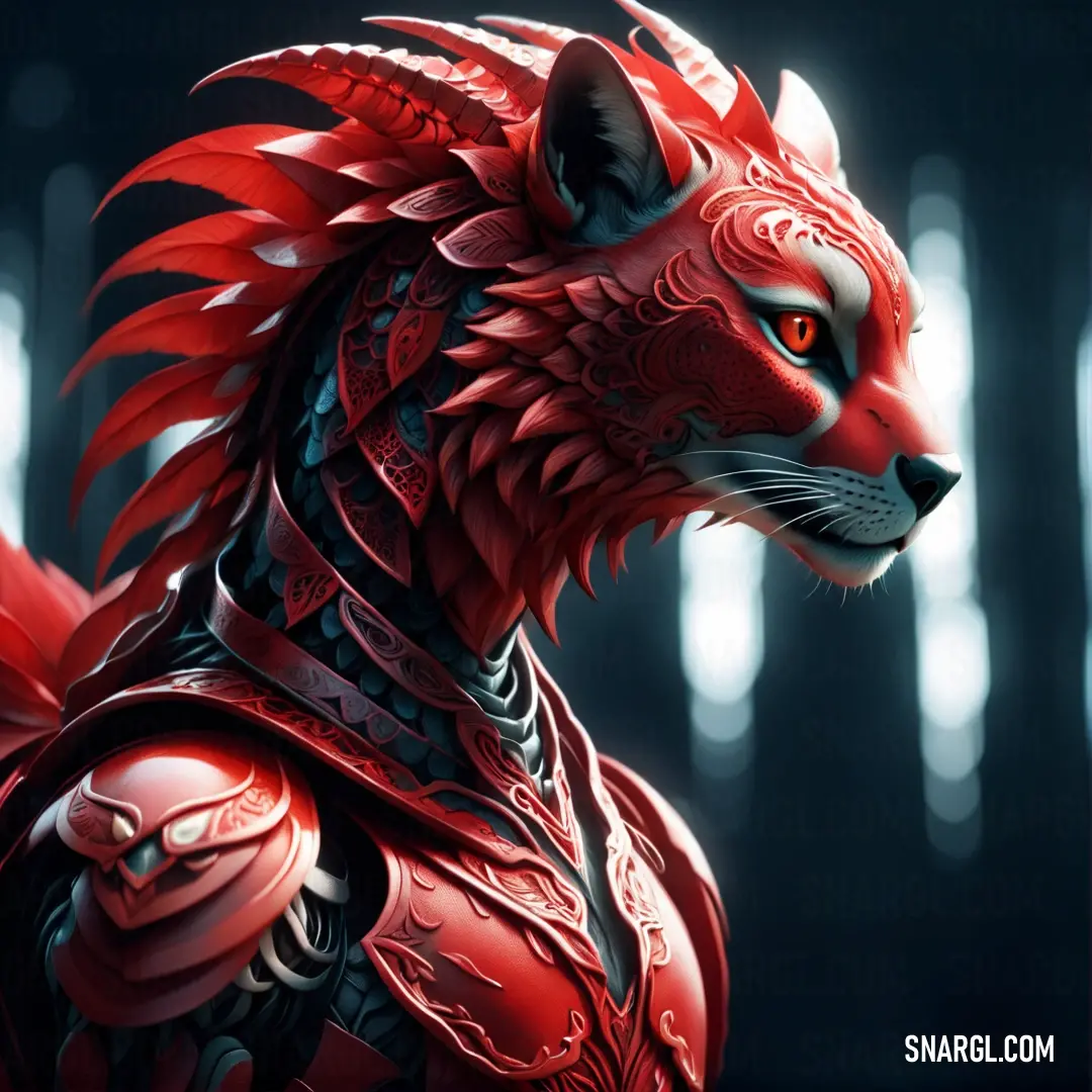 Red and black animal with a helmet and armor on it's head and chest, with a forest in the background. Example of #C41E3A color.