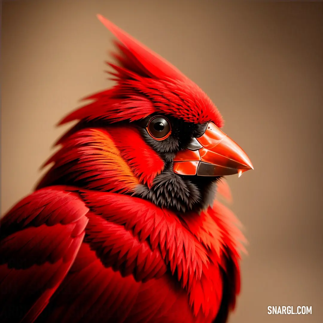 Red bird with a black beak and a red beak and a brown background with a brown background and a black