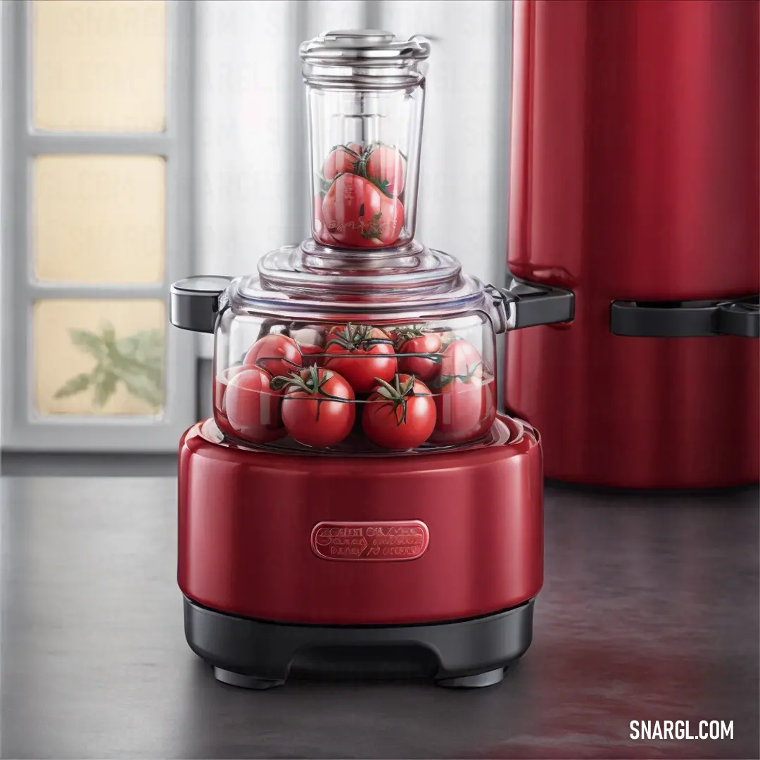 Red food processor with tomatoes inside of it on a counter top next to a red pot and a red coffee pot. Example of CMYK 0,85,70,23 color.