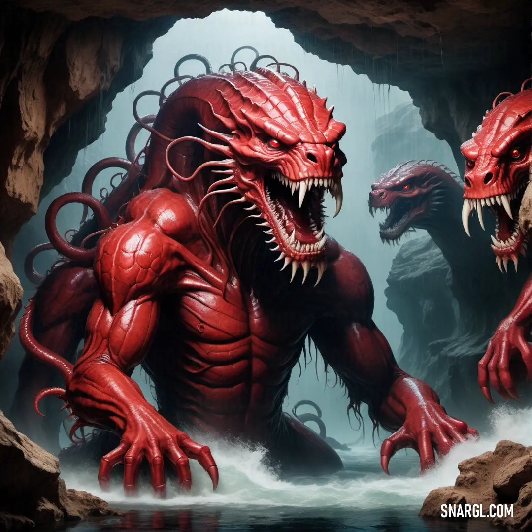 Red monster with large teeth and large claws standing in a cave with a water hole in the background. Color #C41E3A.