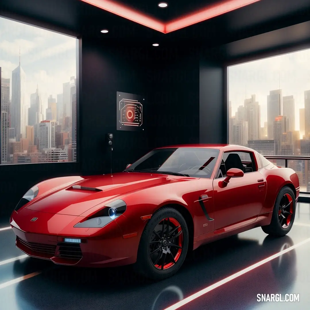 Cardinal color example: Red sports car parked in a garage with a city view behind it and a red light above it