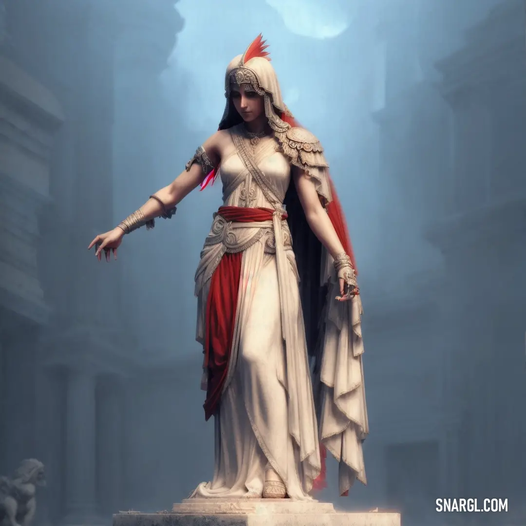Statue of a woman in a white dress with red accents and a red cape on her head and arms