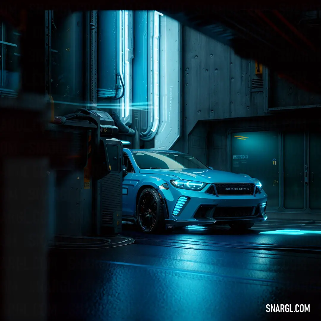 A bold blue car sits parked in a dark tunnel, illuminated by the soft glow of neon lights, with a distant building adding to the mysterious, high-tech vibe of the scene.