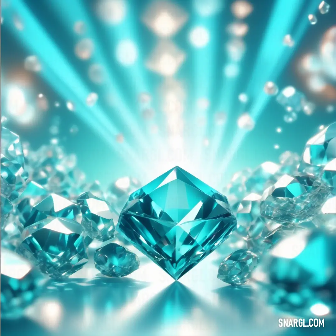 A mesmerizing Caribbean green hue surrounds a brilliant blue diamond, which is framed by countless other diamonds on a deep blue background. The sparkling gems capture the eye with their radiant contrast and elegance.