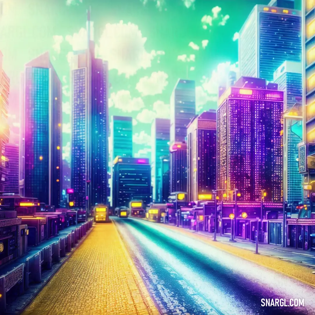 A bustling city street lined with towering buildings, where the distant glow of a yellow streetlight casts an inviting warmth over the road. The rich teal of the surroundings contrasts with the golden light, creating a captivating urban atmosphere.