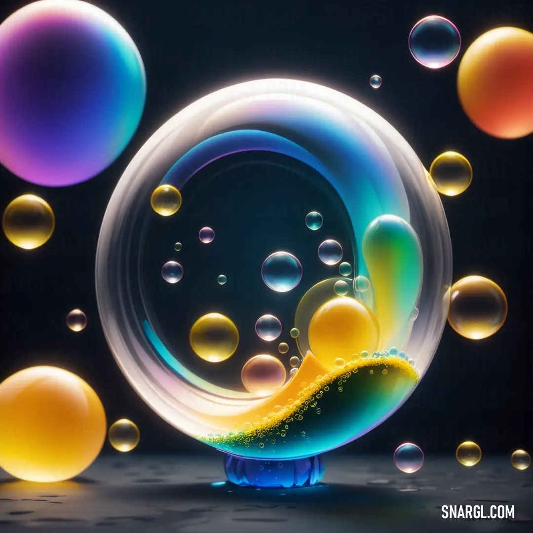 A colorful bubble floats gracefully against a pitch-black backdrop, surrounded by smaller floating bubbles. The vivid hues evoke a playful sense of wonder, while the CMYK color formula emphasizes the dynamic energy and depth of this captivating image.