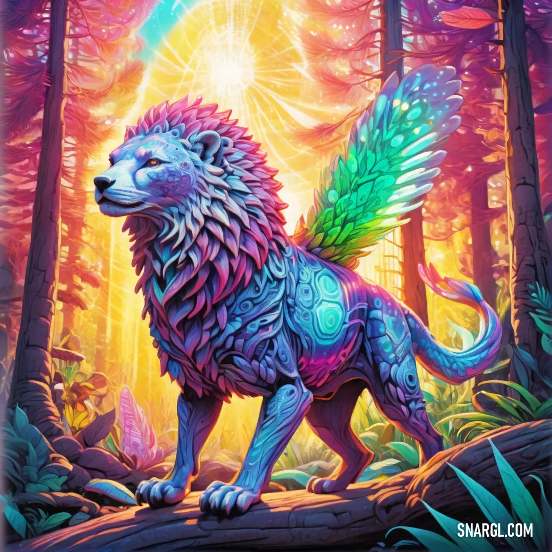 A stunningly colorful lion stands majestically in the heart of a dense forest, illuminated by a bright, almost divine light behind it. The wings on its back add an otherworldly element to this unforgettable scene, filled with awe.