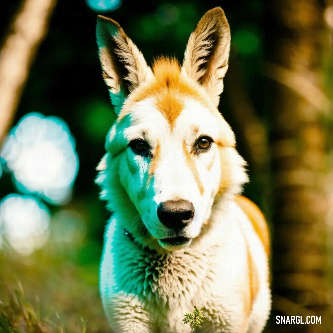 A sad-eyed dog with a blue and white coat gazes longingly into the camera, standing amidst lush green grass. Its expressive demeanor compels viewers to connect with its emotions, reminiscent of the rich CMYK 100,0,25,20 color.