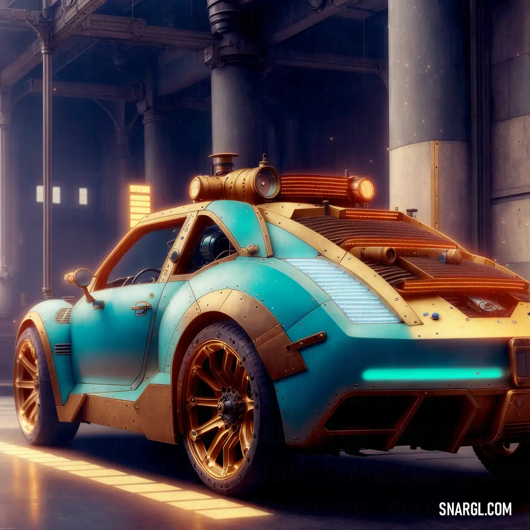 A futuristic car with an imposing design, featuring a large engine and a wooden front body, cruising through a sleek cityscape in shades of vibrant RGB colors.