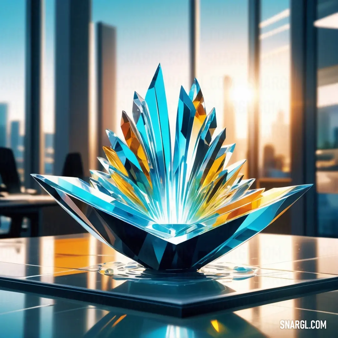 A glass flower sculpture in vivid Caribbean green sits elegantly on a table, with a city skyline visible through the window behind it. The piece contrasts beautifully with the modern urban landscape.