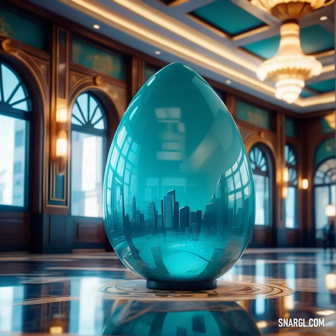 A large blue egg rests atop a polished marble floor, surrounded by elegant room decor, including a chandelier and windows. The cool tones of blue and marble create a sophisticated and serene ambiance.