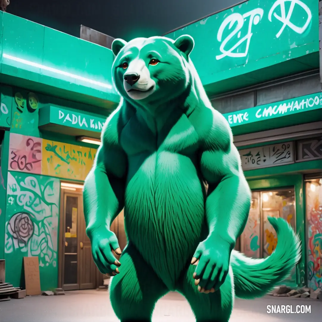 A giant green bear stands protectively in front of an inviting storefront, illuminated by a vibrant neon green sign above. The scene captures an intriguing blend of nature and urban life, accented by the lively RGB 0,204,153 color.