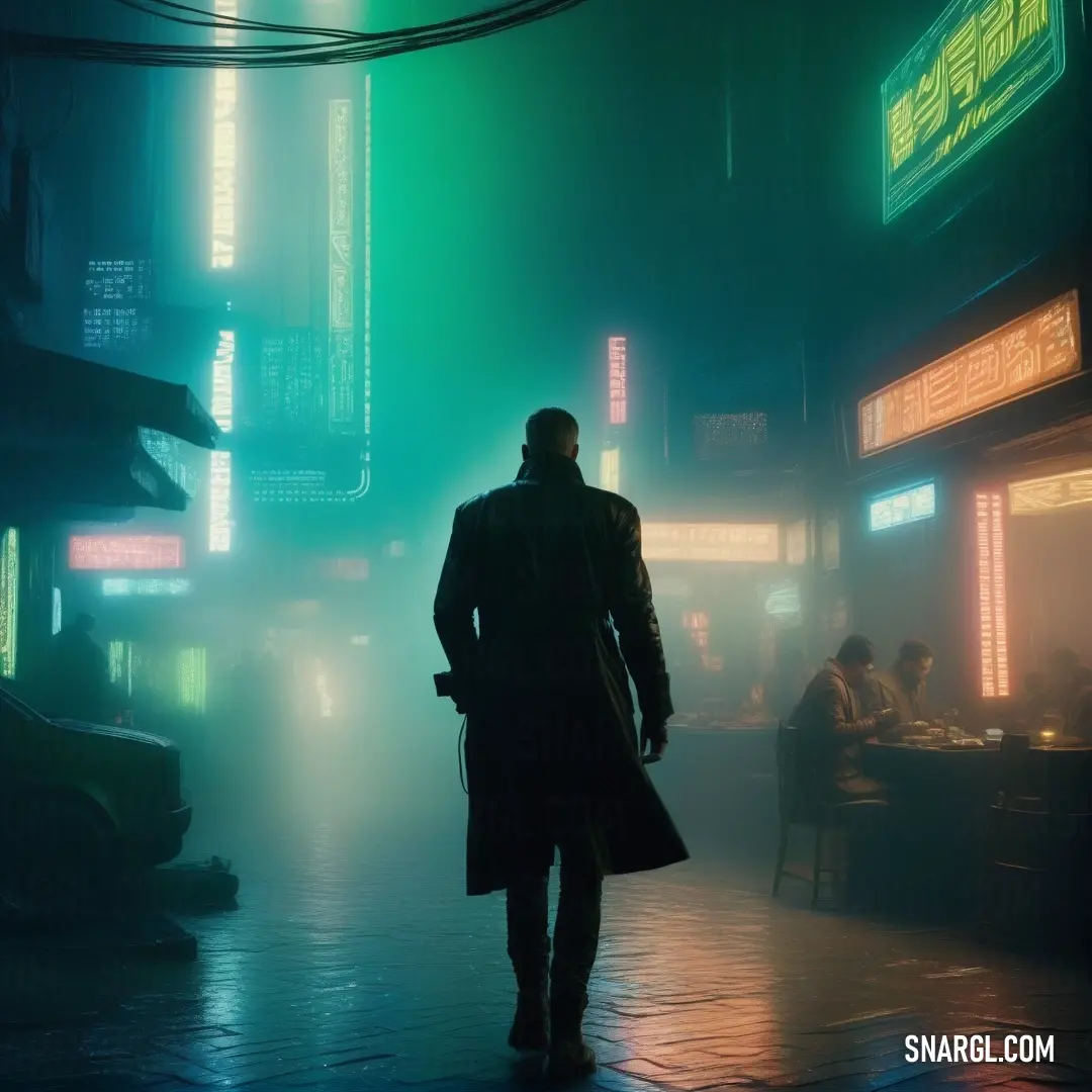 In a bustling nocturnal scene, a figure cloaked in a trench coat stands amidst glowing neon lights and lively café gatherings, capturing the essence of urban nightlife and the intriguing characters that inhabit it.