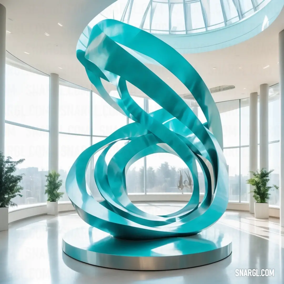 A striking sculpture stands in a spacious room with a skylight above and a circular window in the background. The object itself radiates a captivating Caribbean green hue, offering a sense of elegance and modernity in a serene setting.