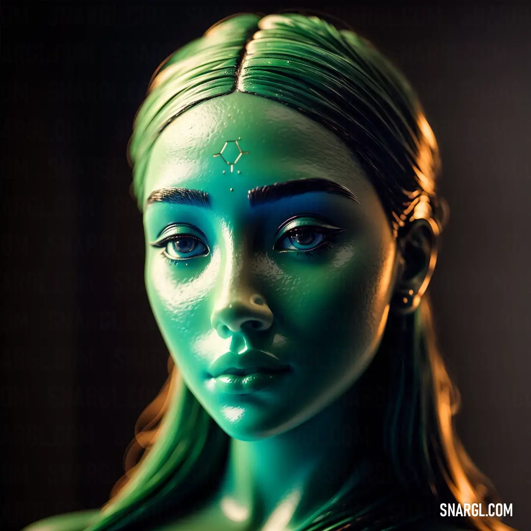 A woman with striking green makeup and vivid blue eyes stares intently into the camera, her vibrant features accentuated against a dark background. The bold contrast of colors adds an air of mystery and allure to her appearance.