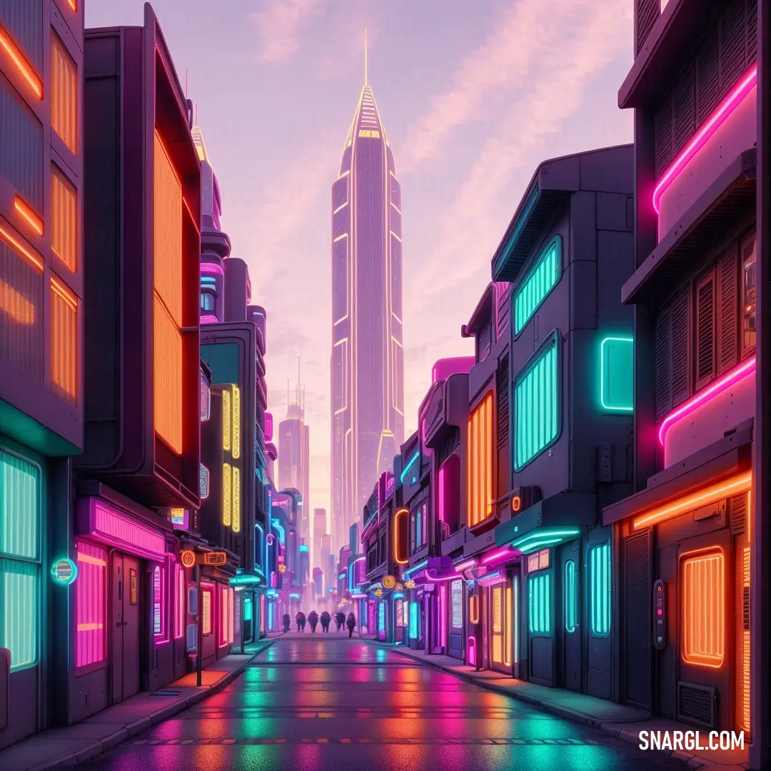 A bustling city street filled with glowing neon lights. Tall buildings rise in the background, their lights reflecting off the wet pavement, creating a vibrant and electric atmosphere in the heart of the city at night.