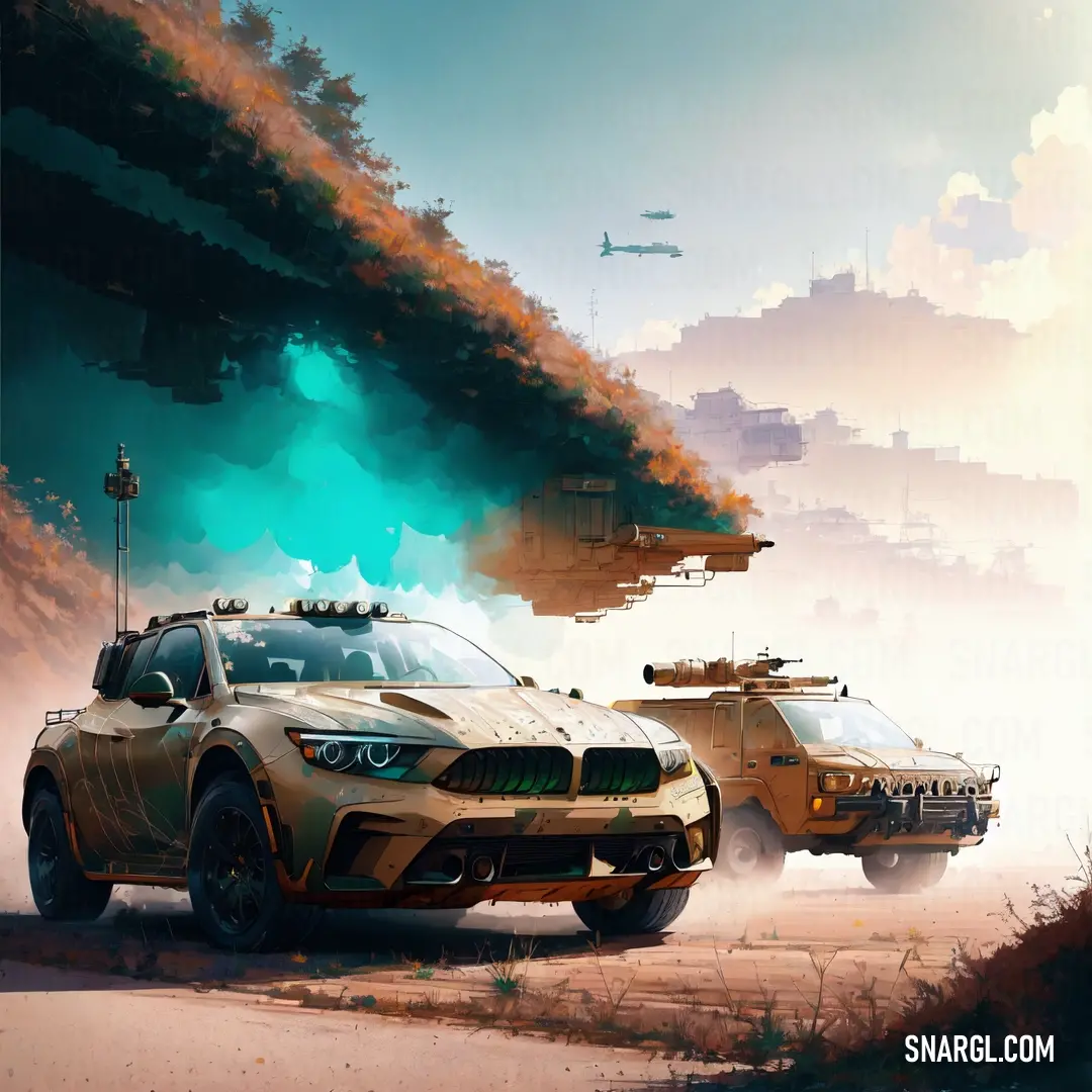 A scene of two vehicles driving down a winding road that cuts through a lush forest. Above, a plane soars high in the sky, adding movement and life to the peaceful, natural surroundings. The image evokes a sense of freedom and adventure.