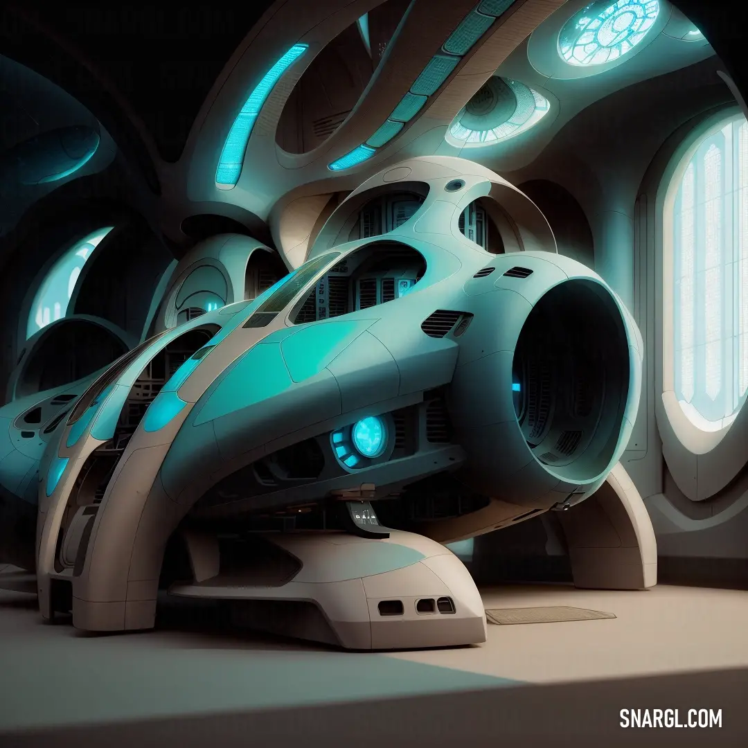 A futuristic room with sleek, modern design. A large window lets in plenty of light, while a glowing object in the center of the room adds an otherworldly touch, casting a cool blue light throughout the space.