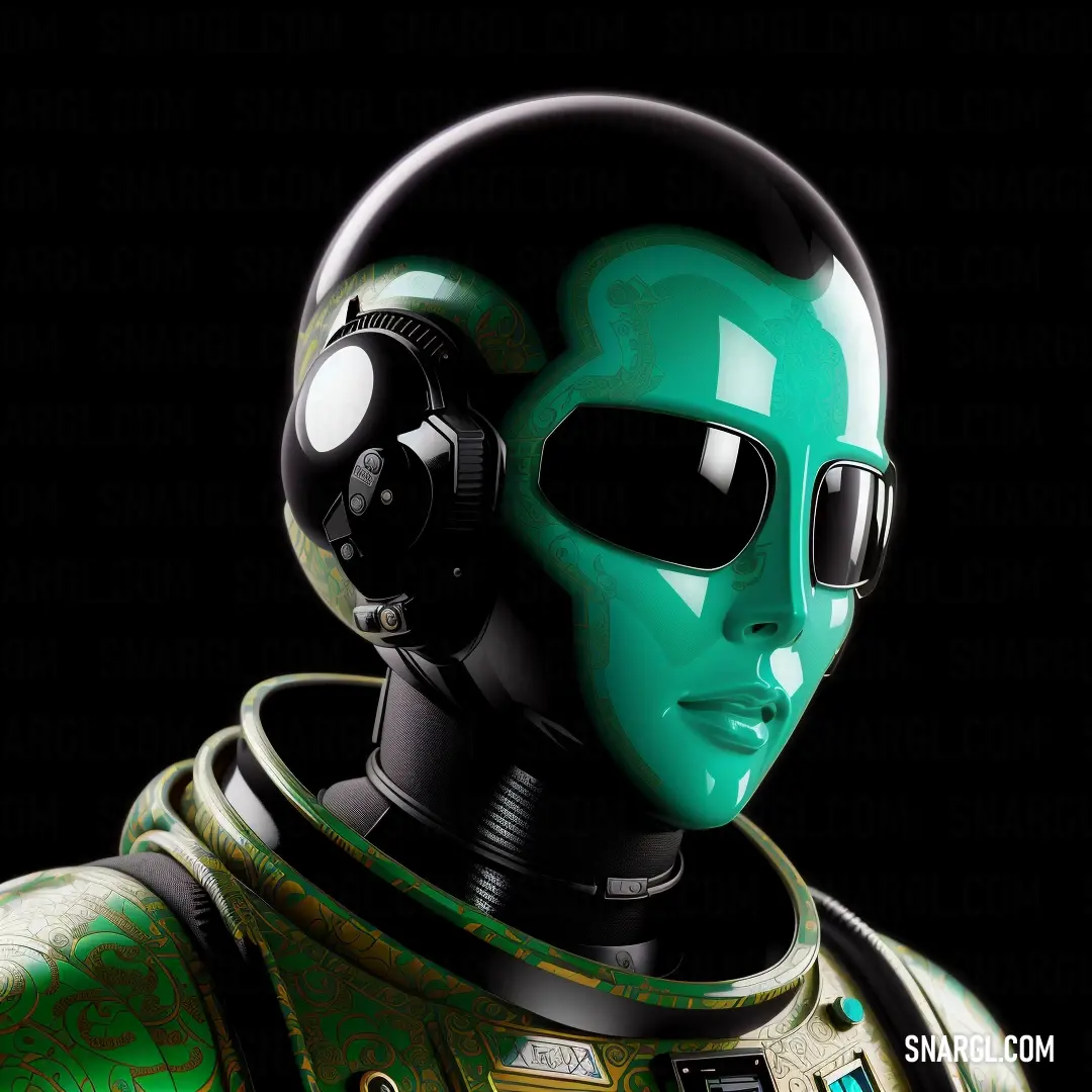 Green alien with black eyes and a black helmet on a black background with a cell phone in his hand