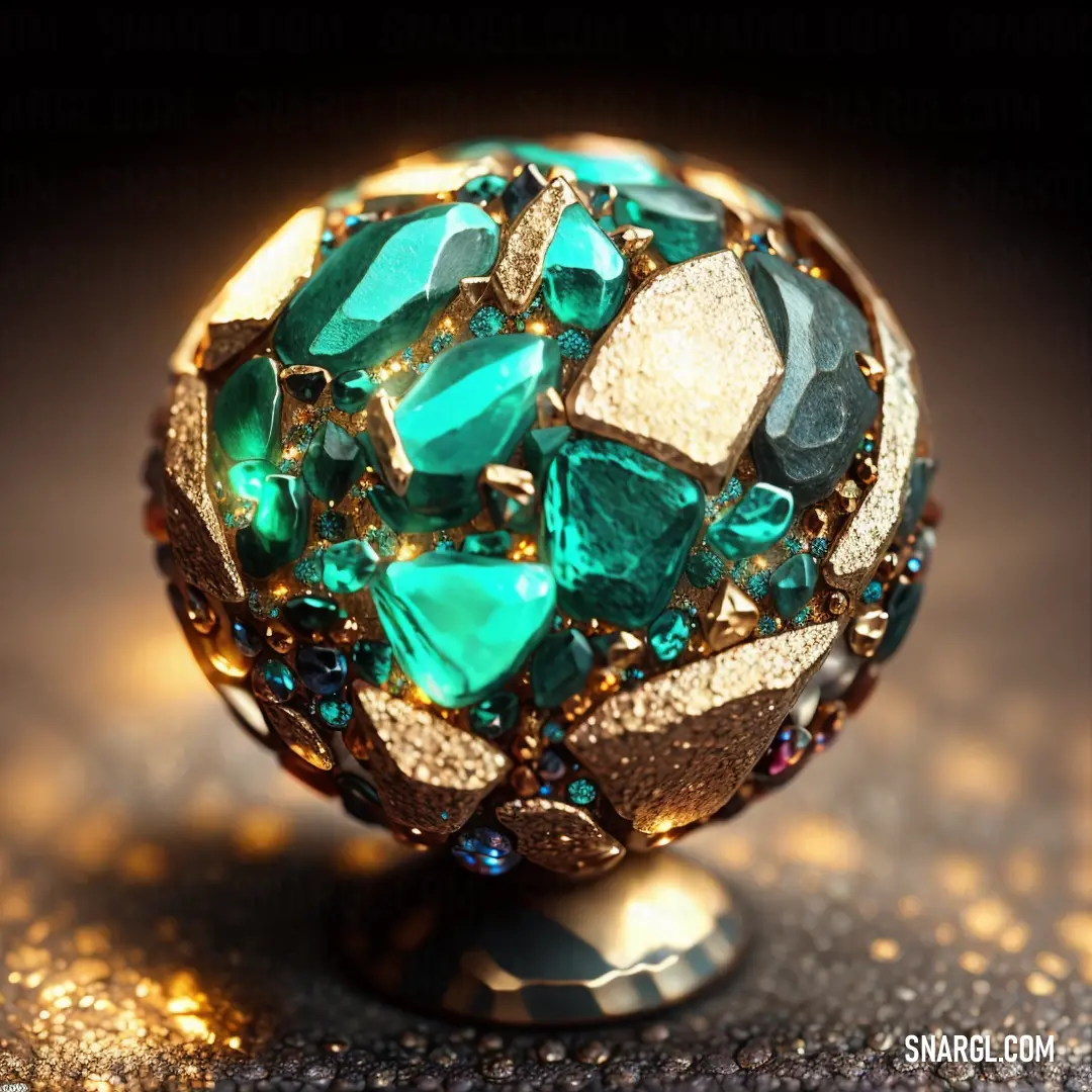 Green and gold colored object on a table top with a black background and a gold colored background