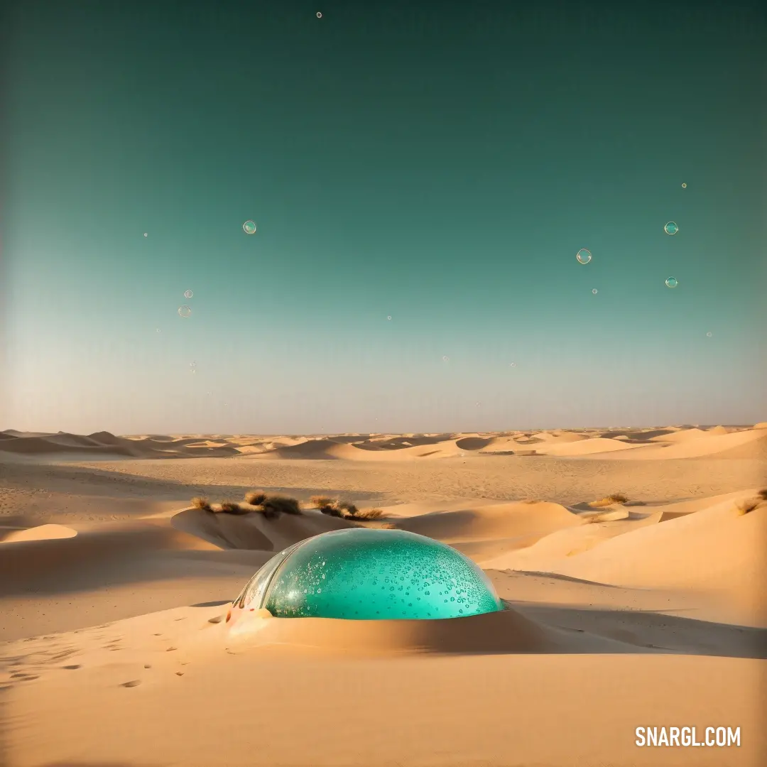 Green dome in the middle of a desert with sand dunes and a blue sky in the background with stars