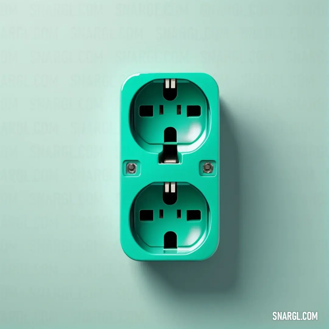 A modern green electrical outlet featuring two sockets, set against a serene light blue background, merging functionality with refreshing color that brightens any room.