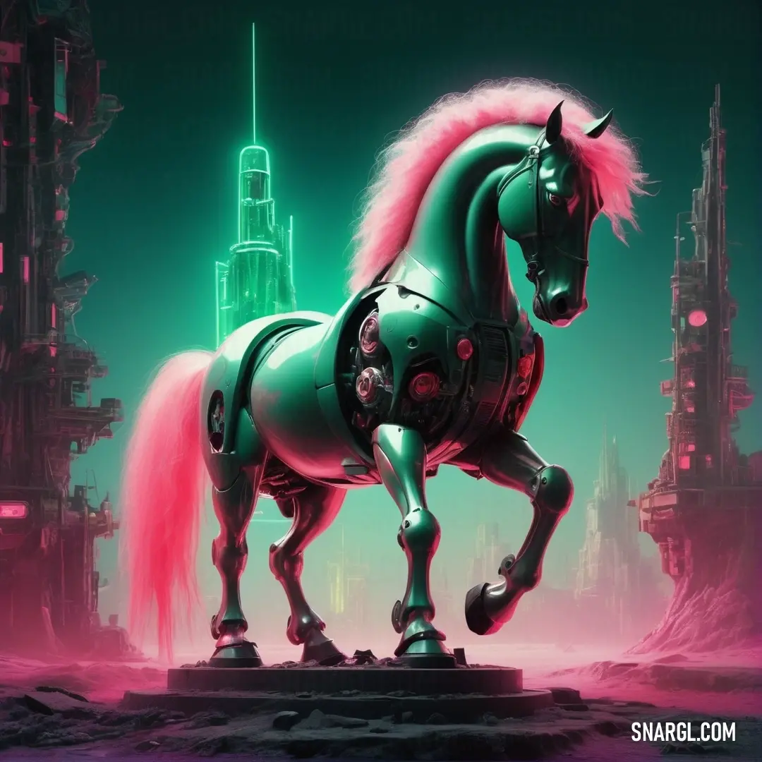 A whimsical green horse with a playful pink mane stands proudly before a stunning cityscape. The vibrant colors create a fantastical atmosphere, contrasting beautifully with the structured lines of the urban background.