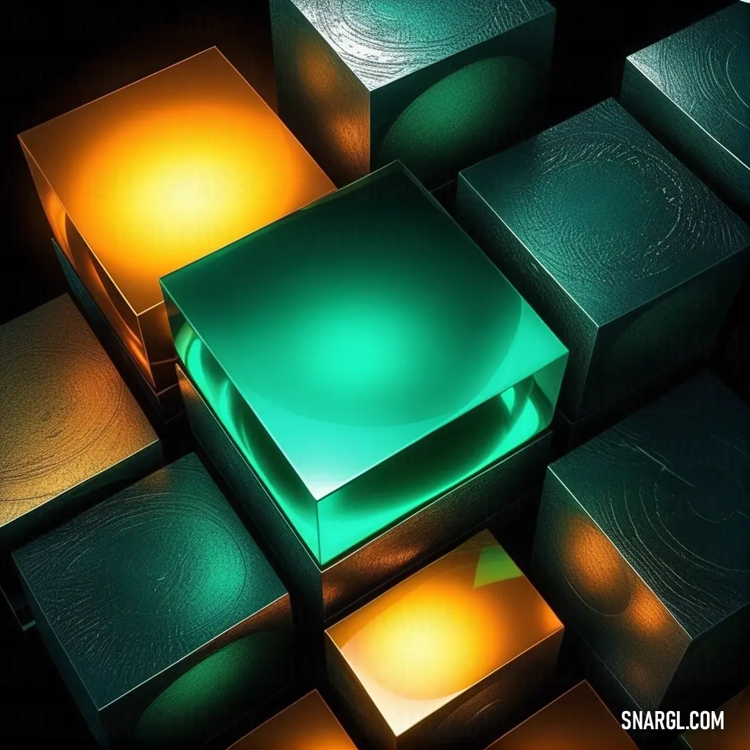 An eye-catching arrangement of colorful boxes stacked harmoniously on a sleek black surface, accentuated by a soft green glow that enhances their vibrant hues and adds depth to this captivating display.