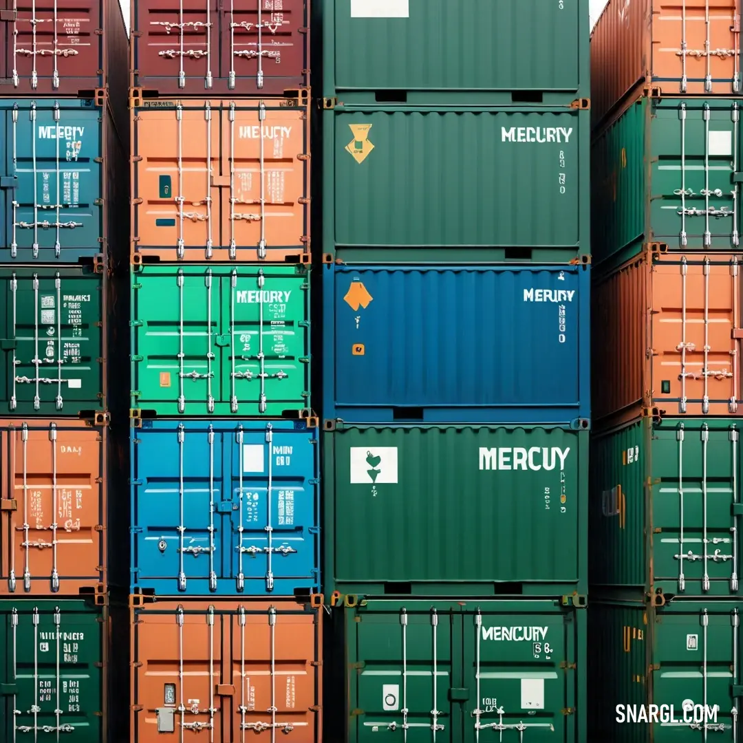 A meticulously arranged stack of colorful containers towers in a spacious warehouse, creating an impressive display against a clean white backdrop, highlighting the functionality and organization of industrial spaces.