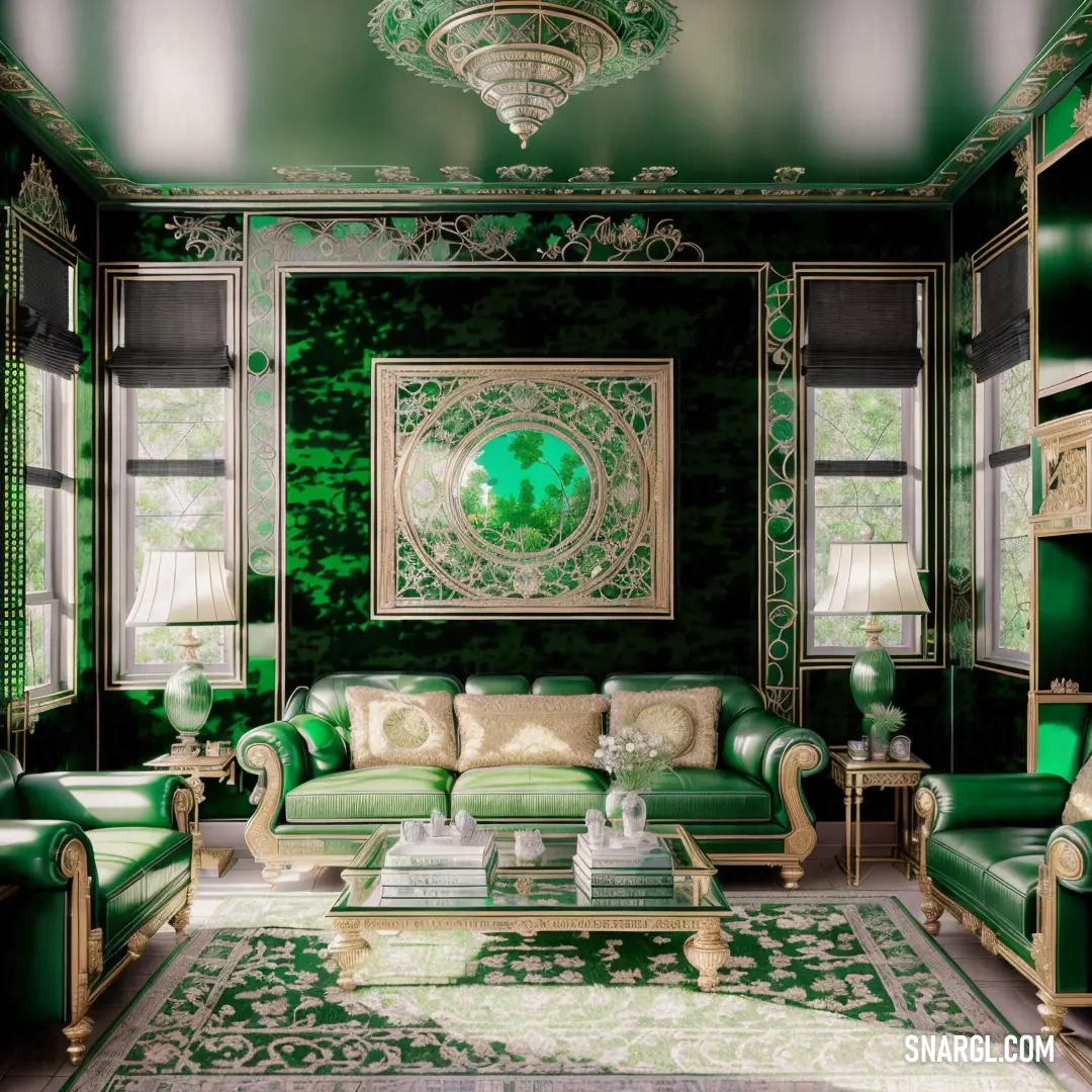 Living room with green furniture and a painting on the wall above the couches and a coffee table