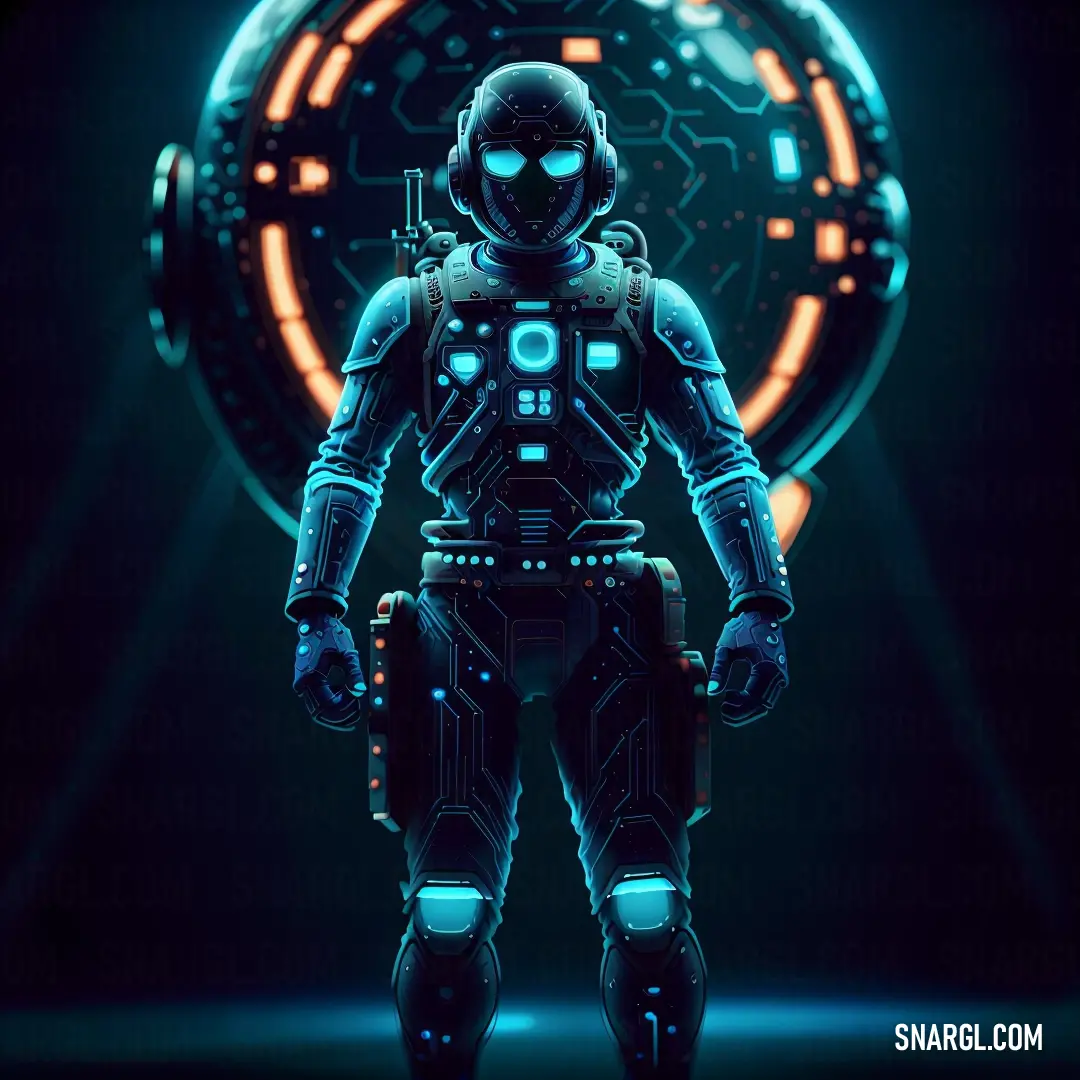 A man dressed in a futuristic suit stands before a large, glowing circular object, surrounded by neon lights that highlight the modern, sleek design of the scene.