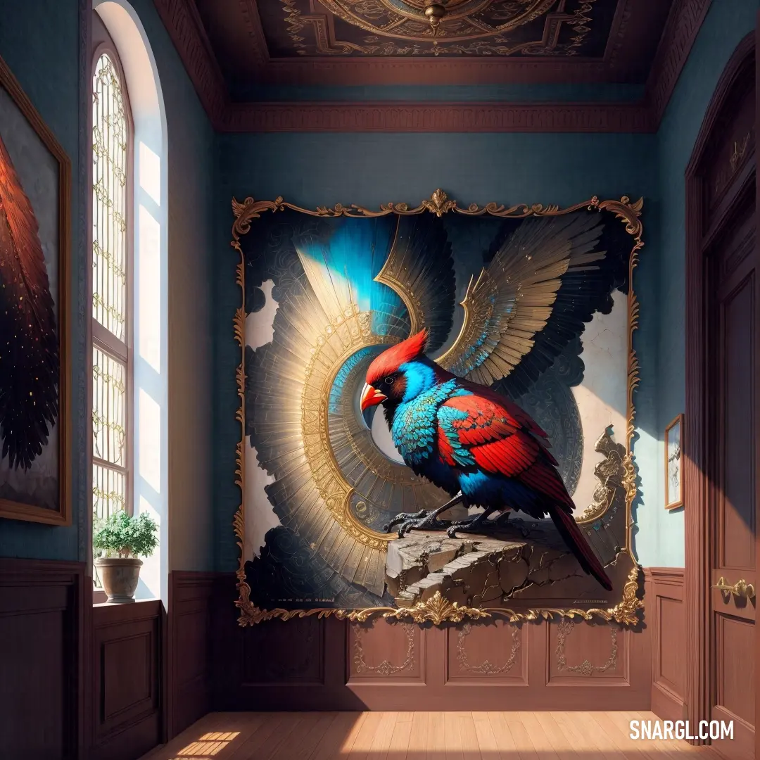 A colorful painting of a bird adorns the wall of a room. Behind it, a window and door frame a view of the room’s cozy interior. The Caribbean green of the walls enhances the vibrant atmosphere, creating a lively, tropical feel.