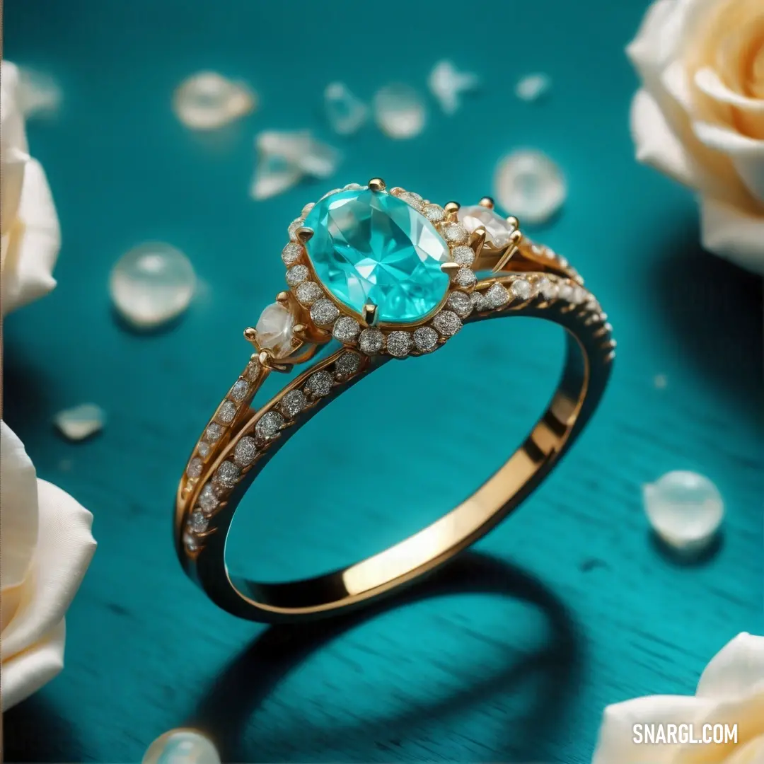 A blue stone ring surrounded by delicate white flowers and glistening water droplets rests on a cool blue surface. The combination of colors and textures brings a fresh, refreshing feel to this beautiful composition.